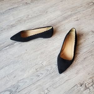 J Crew suede pointed toe black ballet flats size 7.5 preppy neutral scalloped